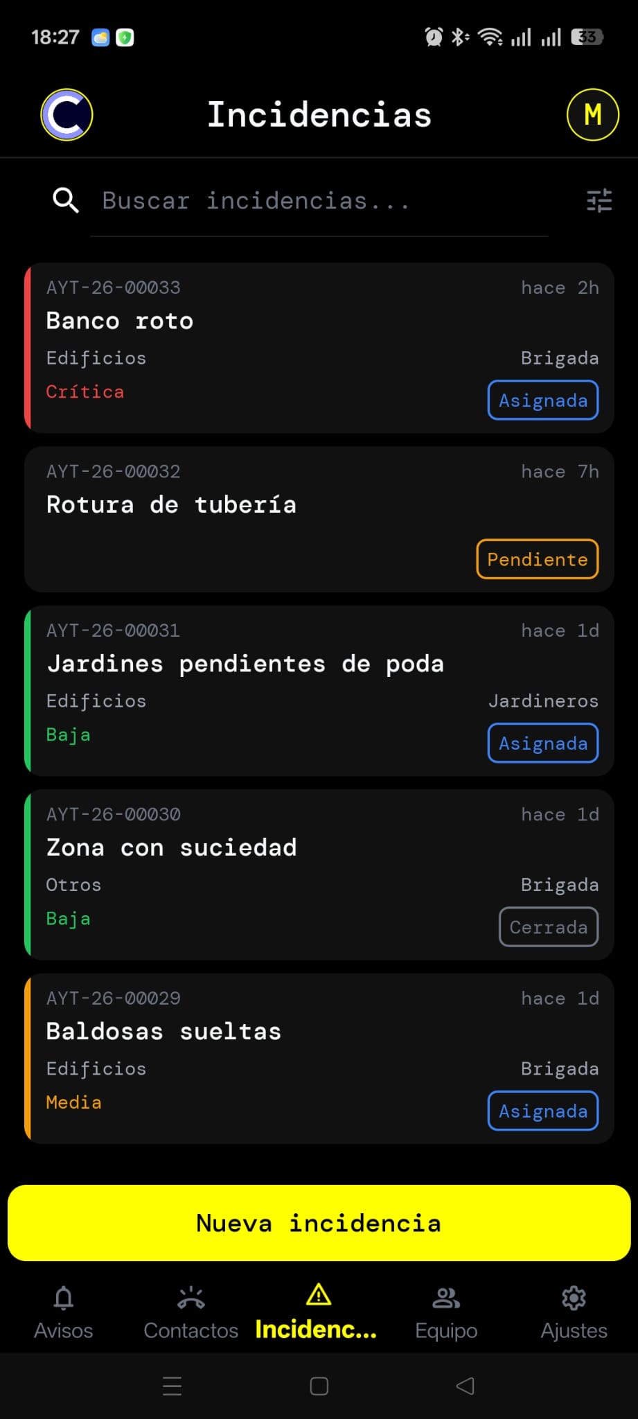 Llistat d'incidències amb filtres